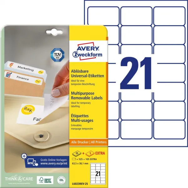 Avery Zweckform Etikety univerzálne odnímateľné 63,5x38,1mm Avery A4 25+5 hárkov