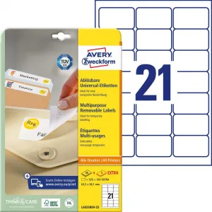 Avery Zweckform Etikety univerzálne odnímateľné 63,5x38,1mm Avery A4 25+5 hárkov