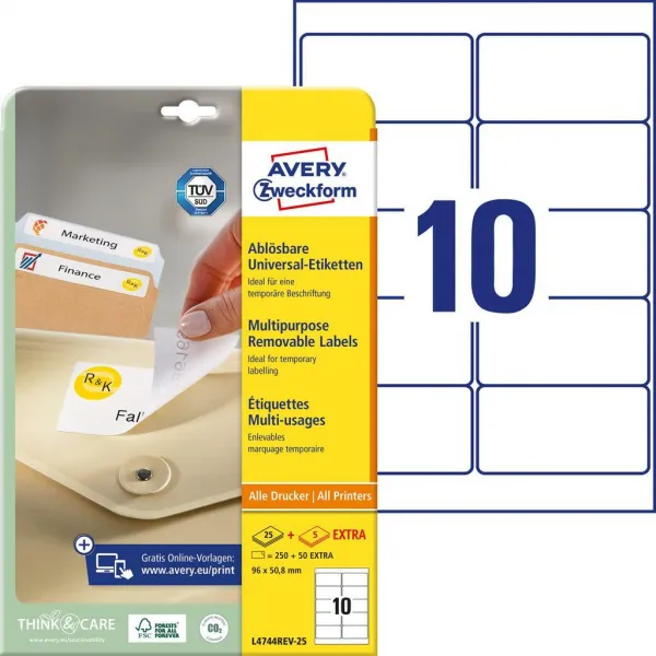 Avery Zweckform Etikety univerzálne odnímateľné 96x50,8mm Avery A4 25+5 hárkov