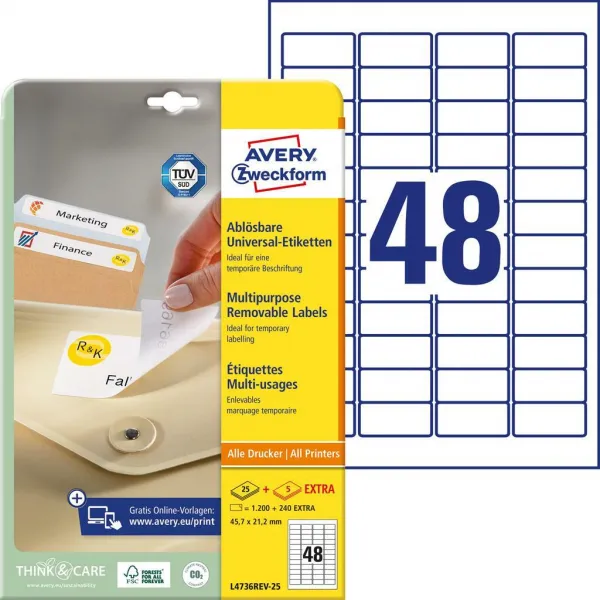 Avery Zweckform Etikety univerzálne odnímateľné 45,7x21,2mm Avery A4 25+5 hárkov