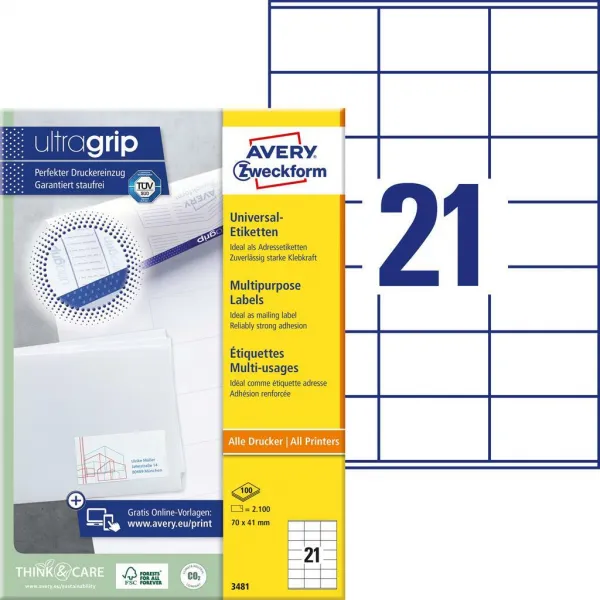 Etikety univerzálne 70x41mm Avery A4 100 hárkov AV003481