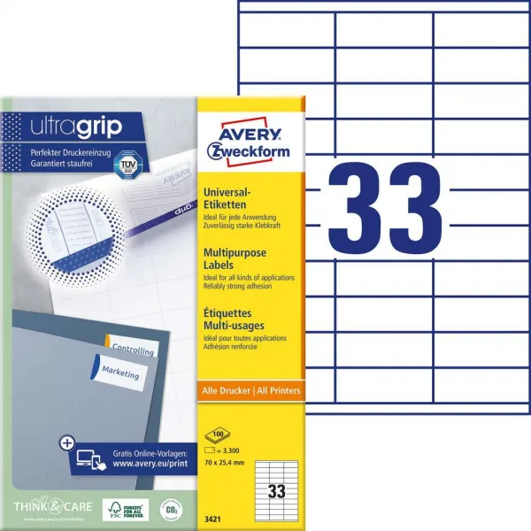Avery Zweckform Etikety univerzálne 70x25,4mm Avery A4 100 hárkov