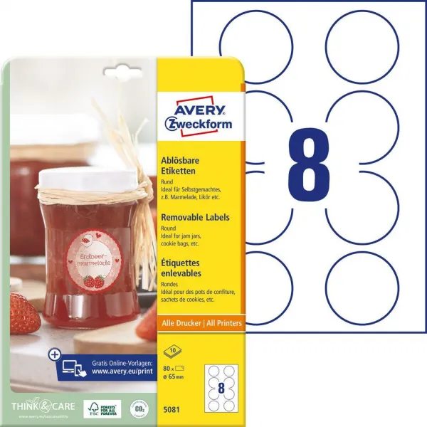 Avery Zweckform Etikety kruhové 65mm Avery 10 hárkov biele