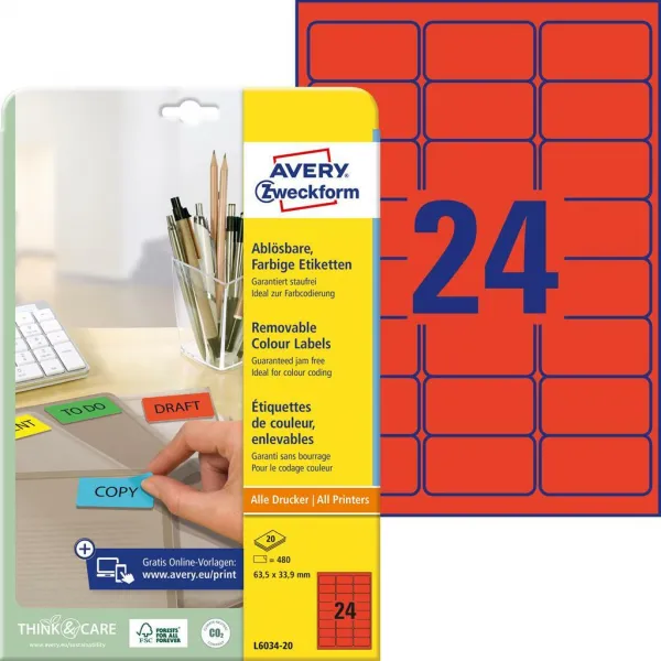 Avery Zweckform Etikety Avery odnímateľné 63,5x33,9 mm, červené