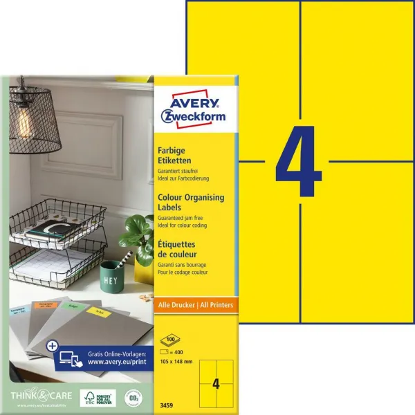 Avery Zweckform Etikety farebné 105x148mm Avery A4 100 hárkov žlté