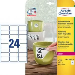 Avery Zweckform Etikety polyesterové veľmi odolné 63,5x33,9mm Avery A4 biele odnímateľné 20 hárkov