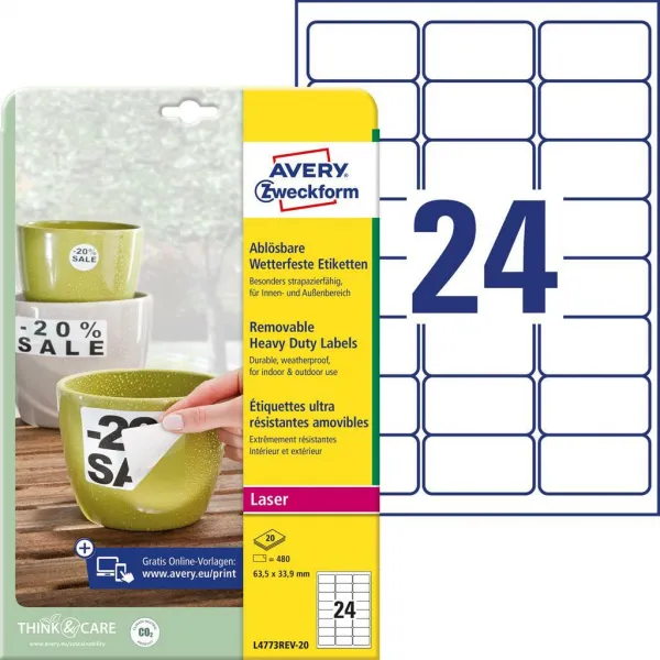 Avery Zweckform Etikety polyesterové veľmi odolné 63,5x33,9mm Avery A4 biele odnímateľné 20 hárkov