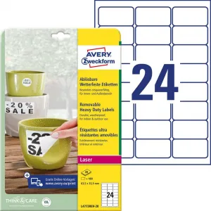 Avery Zweckform Etikety polyesterové veľmi odolné 63,5x33,9mm Avery A4 biele odnímateľné 20 hárkov