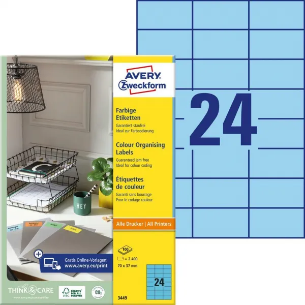 Avery Zweckform Etikety farebné 70x37mm Avery A4 100 hárkov modré