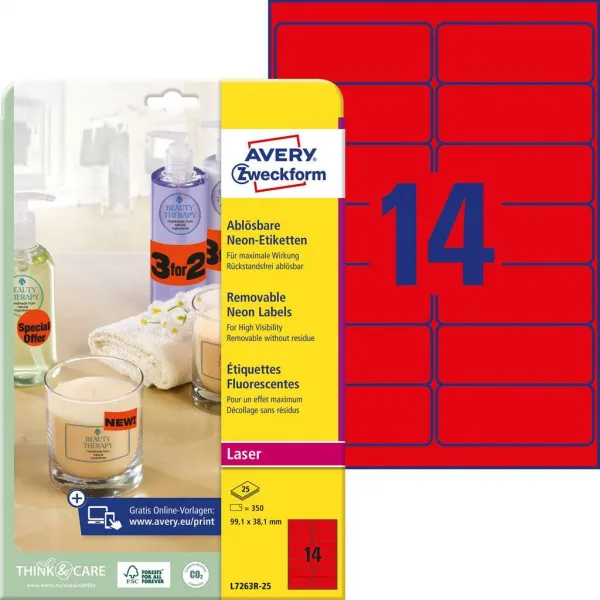 Avery Zweckform Etikety Avery odnímateľné 99,1x38,1 mm neónové červené