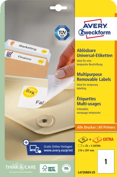 Avery Zweckform Etikety univerzálne odnímateľné 210x297mm Avery A4 25+5 hárkov