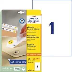 Avery Zweckform Etikety univerzálne odnímateľné 210x297mm Avery A4 25+5 hárkov