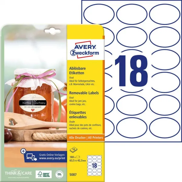 Avery Zweckform Etikety oválne 63,5x42,3mm Avery 10 hárkov biele