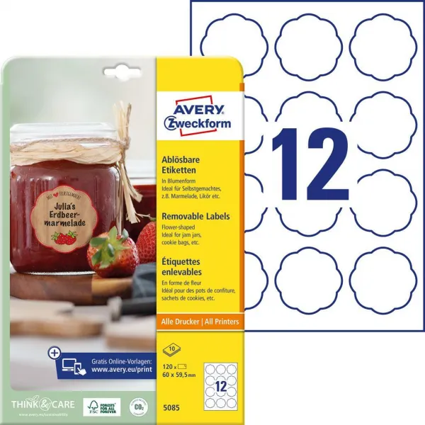 Avery Zweckform Etikety v tvare kvetu 60x59,5mm Avery 10 hárkov biele