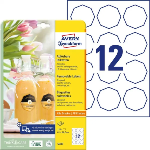 Avery Zweckform Etikety osemhranné 61x60,3mm Avery 10 hárkov biele
