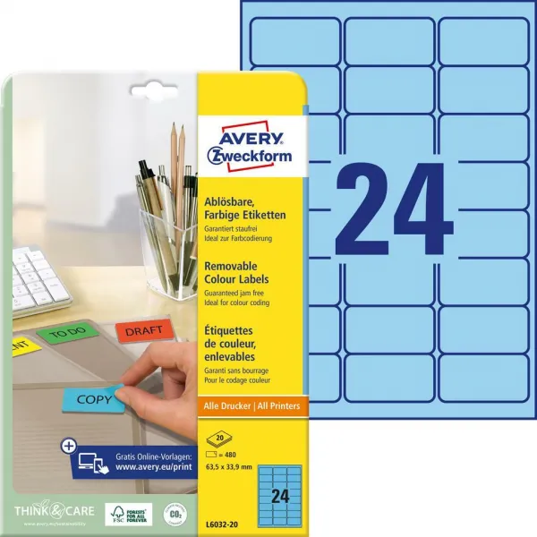 Avery Zweckform Etikety Avery odnímateľné 63,5x33,9 mm, modré