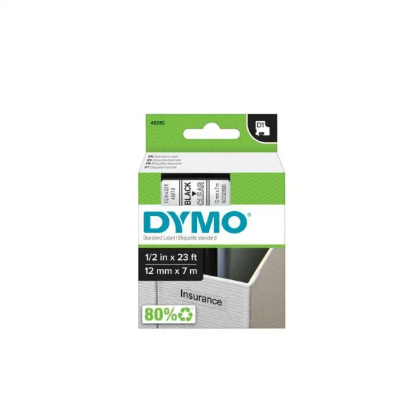 Dymo originál páska do tlačiarne štítkov, Dymo, 45010, S0720500, čierny tlač/priehľadný podklad, 7m, 12mm, D1 45010