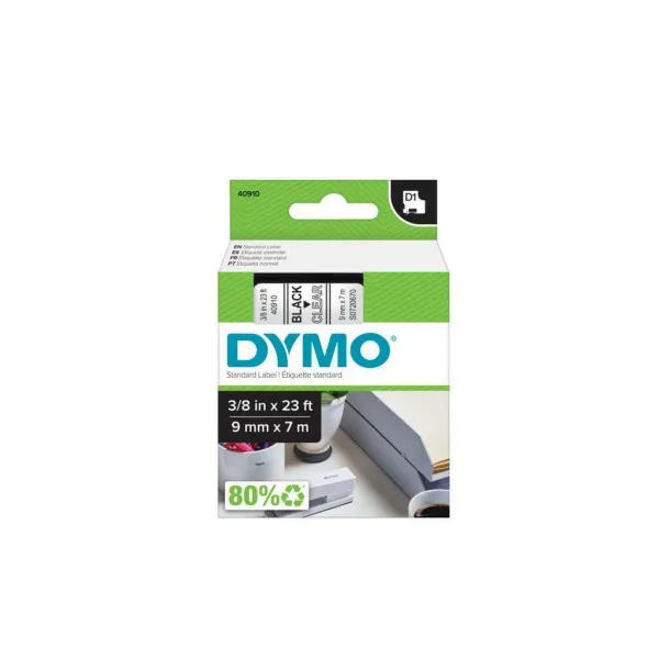 Dymo originál páska do tlačiarne štítkov, Dymo, 40910, S0720670, čierny tlač/transparentná podklad, 7m, 9mm, D1 40910