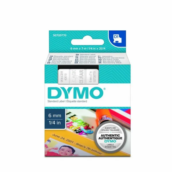 Dymo originál páska do tlačiarne štítkov, Dymo, 43610, S0720770, čierny tlač/priehľadný podklad, 7m, 6mm, D1 43610