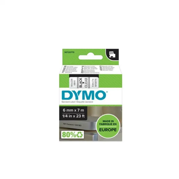 Dymo originál páska do tlačiarne štítkov, Dymo, 43610, S0720770, čierny tlač/priehľadný podklad, 7m, 6mm, D1 43610