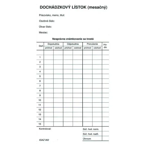Igaz Dochádzkový lístok mesačný (kartón)