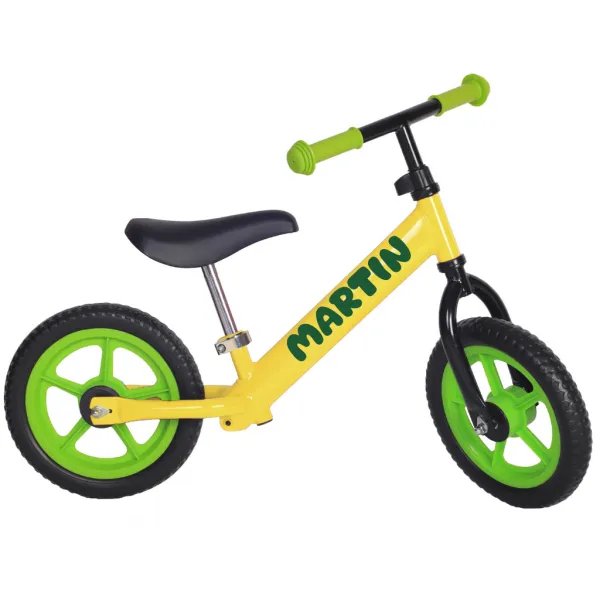 myRunbike Moje odrážadlo s menom - žlté so zelenými kolesami