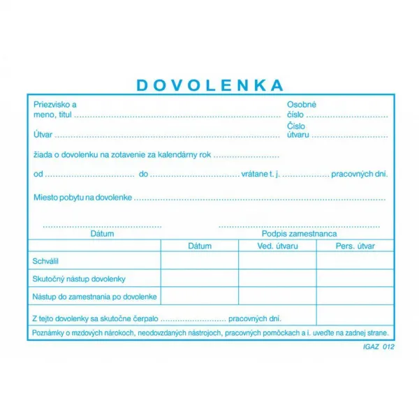 Igaz 012 Dovolenka BLOK A6 /100 list.