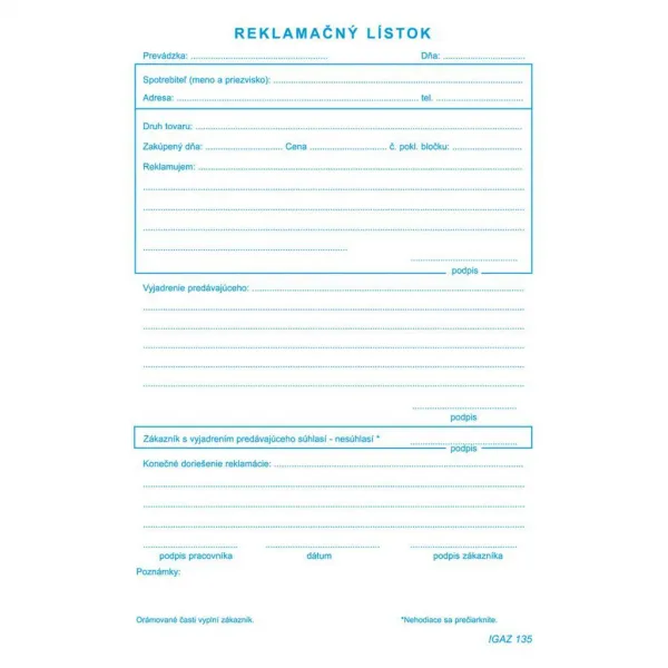 Igaz 135 Reklamačný lístok A5 samoprep
