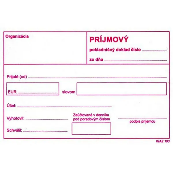 Igaz 193 Príjmový pokladničný doklad bez DPH -100 listov