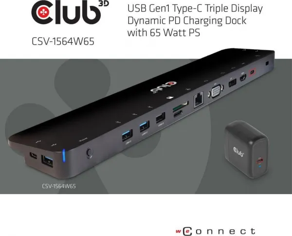 Club 3D Dokovacia stanica Club3D USB-C 3.2 s napájacím adaptérom Triple Dynamic Display PD, 100 W