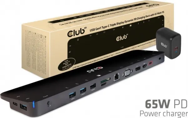 Club 3D Dokovacia stanica Club3D USB-C 3.2 s napájacím adaptérom Triple Dynamic Display PD, 100 W