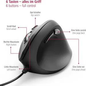 Vertikálna ergonomická drôtová myš Hama EMC-500, 6 tlačidiel, čierna