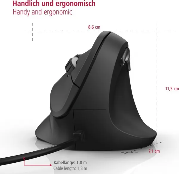 Vertikálna ergonomická drôtová myš Hama EMC-500, 6 tlačidiel, čierna