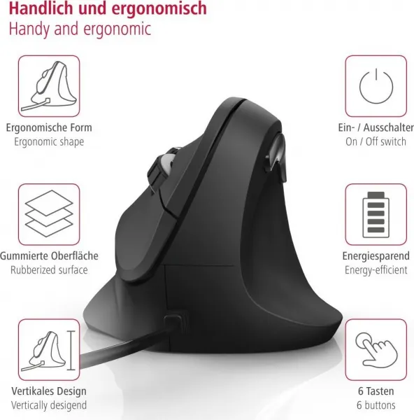 Vertikálna ergonomická drôtová myš Hama EMC-500, 6 tlačidiel, čierna