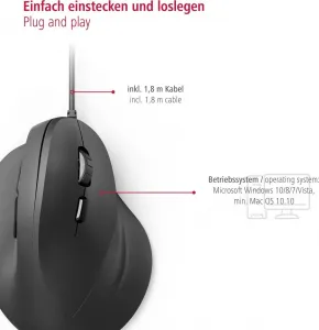 Vertikálna ergonomická drôtová myš Hama EMC-500, 6 tlačidiel, čierna