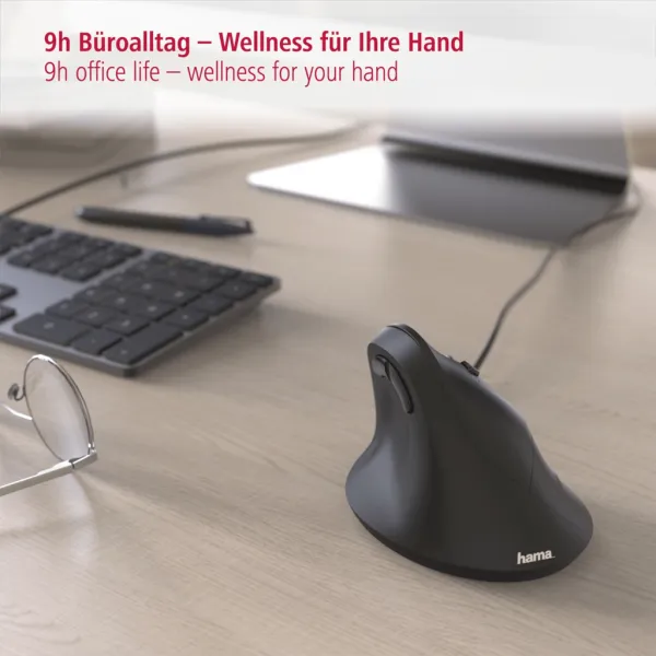 Vertikálna ergonomická drôtová myš Hama EMC-500, 6 tlačidiel, čierna