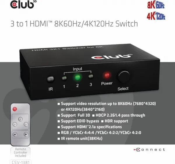 Club 3D Club3D Switch 1:3 HDMI 8K60Hz/4K120Hz, 3 porty