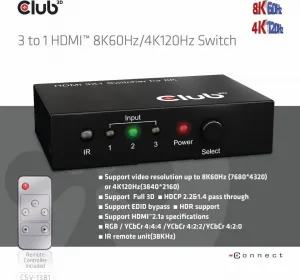 Club 3D Club3D Switch 1:3 HDMI 8K60Hz/4K120Hz, 3 porty