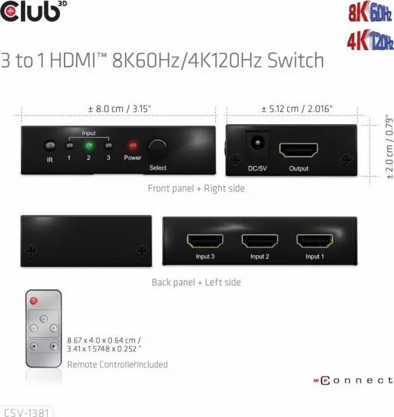 Club 3D Club3D Switch 1:3 HDMI 8K60Hz/4K120Hz, 3 porty