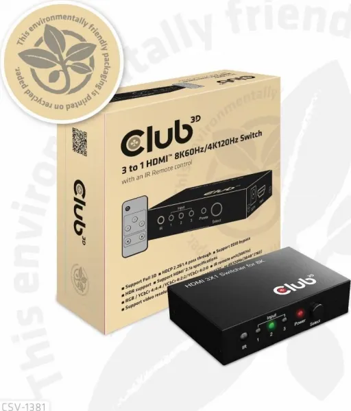 Club 3D Club3D Switch 1:3 HDMI 8K60Hz/4K120Hz, 3 porty