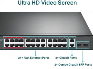 TP-Link CCTV switch TL-SL1226P (24x100Mb/s, 2xGbE/2xSFP combo, 24xPoE+, 250W)