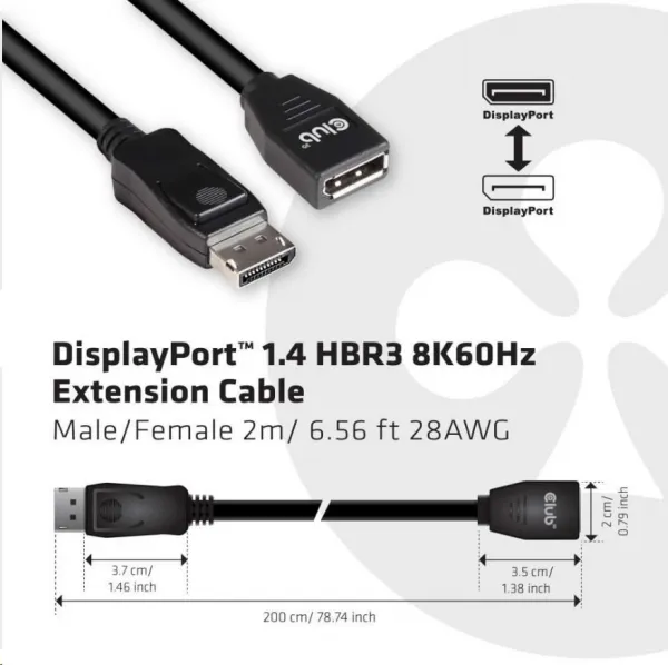 Club 3D Club3D Kabel prodlužovací DisplayPort 1.4 HBR3 8K60Hz (M/F), 2m, 28 AWG