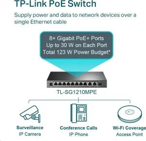 TP-Link CCTV Easy Smart switch TL-SG1210MPE (8xGbE, 1xGbE uplink, 1xGbE/SFP combo uplink, 8xPoE+, 123W, fanless)