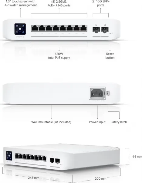 UBNT USW-Enterprise-8-PoE [8x 2.5G RJ45, 2x 10G SFP+, 120W rozpočet PoE, PoE+ 802.3af/at, 1,3" dotykový displej]