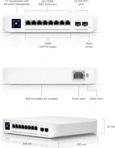UBNT USW-Enterprise-8-PoE [8x 2.5G RJ45, 2x 10G SFP+, 120W rozpočet PoE, PoE+ 802.3af/at, 1,3" dotykový displej]