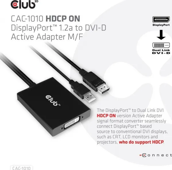 Club 3D Club3D Aktívny adaptér DisplayPort na Dual Link DVI-D, napájanie USB, 60 cm, HDCP ON