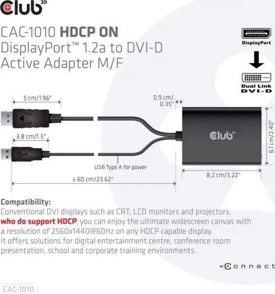 Club 3D Club3D Aktívny adaptér DisplayPort na Dual Link DVI-D, napájanie USB, 60 cm, HDCP ON