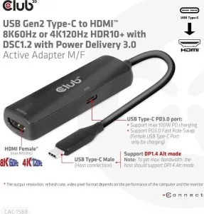 Club 3D Club3D Adaptér USB-C na HDMI 8K60Hz/4K120Hz, Active Adapter M/F, PD 3.0, HDR10+ a DSC 1.2