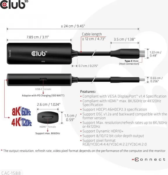 Club 3D Club3D Adaptér USB-C na HDMI 8K60Hz/4K120Hz, Active Adapter M/F, PD 3.0, HDR10+ a DSC 1.2