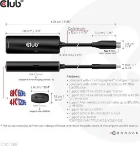 Club 3D Club3D Adaptér USB-C na HDMI 8K60Hz/4K120Hz, Active Adapter M/F, PD 3.0, HDR10+ a DSC 1.2